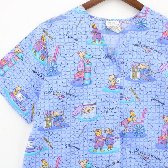 Simply Basic Scrub Top Womens Blue Cartoon All Over Print V Neck Size Small S - Picture 3 of 9